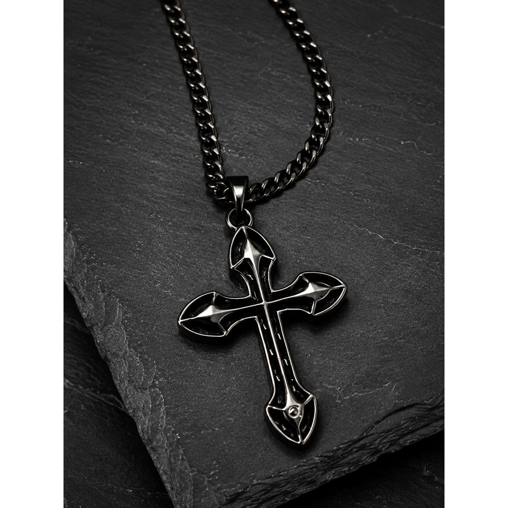 NIB GUESS Black Cross Pendant Necklace Gunmetal Chain Gothic Men's 24" + 2"